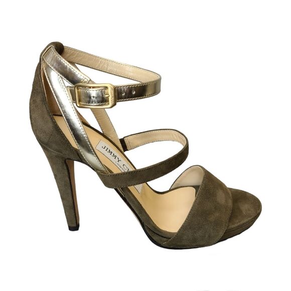 Jimmy Choo Green Suede Sandals Strappy Metallic Ankle Strap Platform Heels 36.5 - Picture 5 of 16